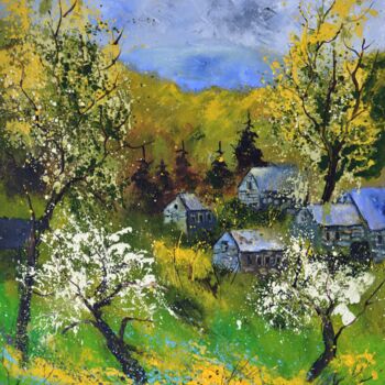 Schilderij getiteld "Village in spring 67" door Pol Ledent, Origineel Kunstwerk, Olie Gemonteerd op Frame voor houten branca…