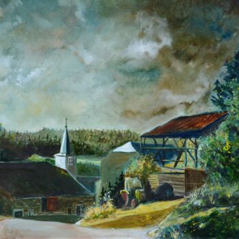 Painting titled "My village" by Pol Ledent, Original Artwork, Oil Mounted on Wood Stretcher frame