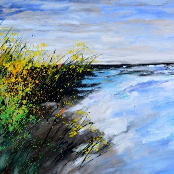 Painting titled "Seascape with wild…" by Pol Ledent, Original Artwork, Oil Mounted on Wood Stretcher frame