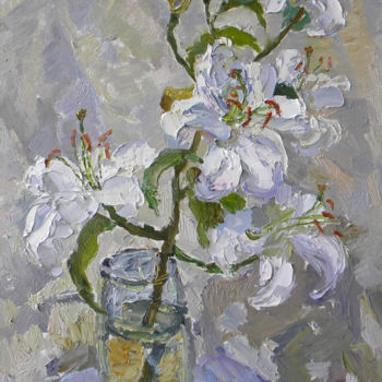 Painting titled "White Lily" by Polina Goretskaya, Original Artwork, Oil Mounted on Wood Stretcher frame