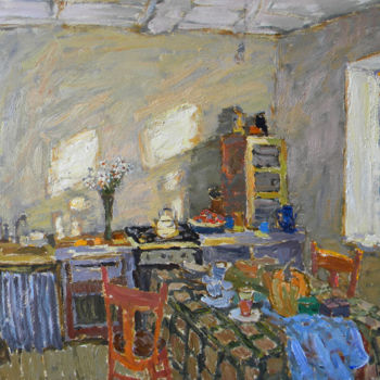 "An interior with a…" başlıklı Tablo Polina Goretskaya tarafından, Orijinal sanat, Petrol Ahşap Sedye çerçevesi üzerine mont…