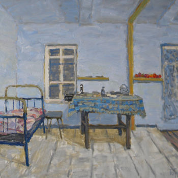 Painting titled "The blue room" by Polina Goretskaya, Original Artwork, Oil Mounted on Wood Stretcher frame