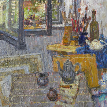 Painting titled "At the workshop" by Polina Goretskaya, Original Artwork, Oil Mounted on Wood Stretcher frame