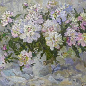Painting titled "White peonies on wh…" by Polina Goretskaya, Original Artwork, Oil Mounted on Wood Stretcher frame