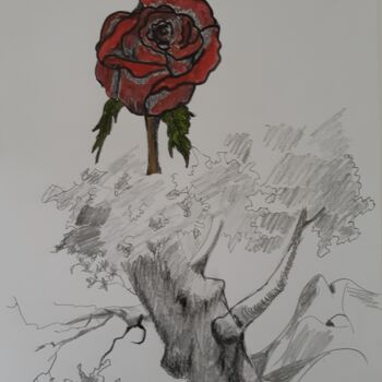 Pintura intitulada "Arbre avec une rose" por Polina, Obras de arte originais, Carvão