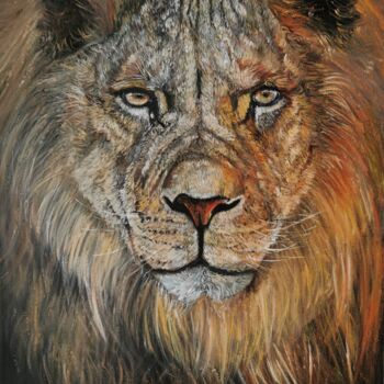 Painting titled "Lion in the Sunset" by Polina Olekhnovich, Original Artwork, Oil