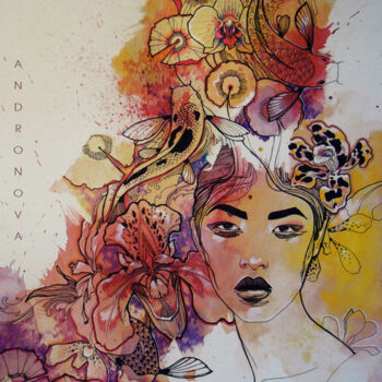 Painting titled "Wild orchid" by Polina Andronova, Original Artwork, Ink