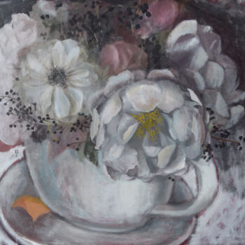 「Bouquet in a cup」というタイトルの絵画 Polina Kharlamovaによって, オリジナルのアートワーク, オイル