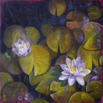Painting titled "Water lilies" by Polina Kharlamova, Original Artwork, Oil Mounted on Wood Stretcher frame