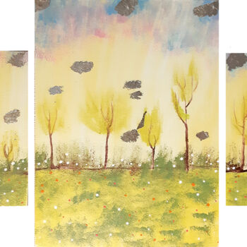 Schilderij getiteld "Golden spring morni…" door Poly, Origineel Kunstwerk, Acryl Gemonteerd op Andere stijve panelen