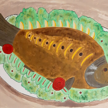 Painting titled "Baked fish (origina…" by Poly, Original Artwork, Acrylic Mounted on Other rigid panel