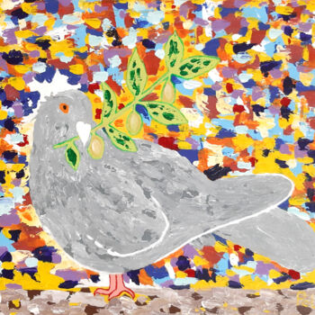 Pintura titulada "Pigeon with an oliv…" por Poly, Obra de arte original, Acrílico Montado en Otro panel rígido