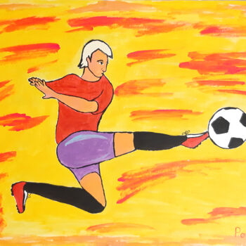 Painting titled "Soccer player with…" by Poly, Original Artwork, Acrylic Mounted on Wood Panel