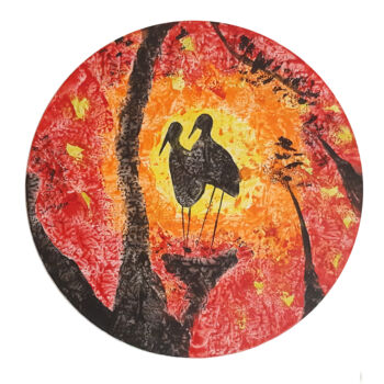 Pintura intitulada "Storks (hot wax pai…" por Poly, Obras de arte originais, Cera Montado em Painel de madeira