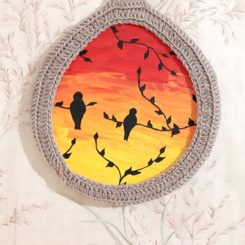 Malerei mit dem Titel "Birds (round acryli…" von Poly, Original-Kunstwerk, Acryl Auf Holzplatte montiert