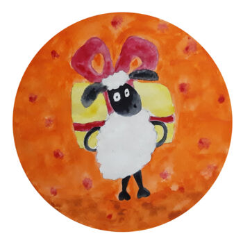 Painting titled "Shaun the Sheep wit…" by Poly, Original Artwork, Watercolor Mounted on Wood Panel