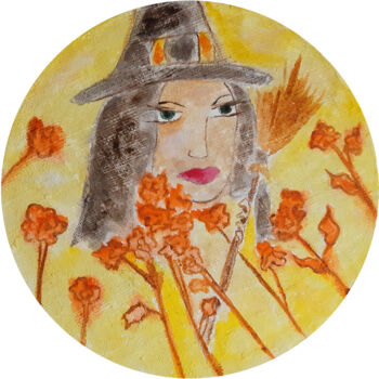 Painting titled "Witch with flowers" by Poly, Original Artwork, Watercolor Mounted on Wood Panel