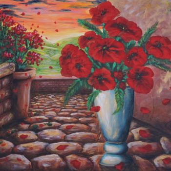 Painting titled "Poppy flower sunset" by Isabelle Pop, Original Artwork, Acrylic