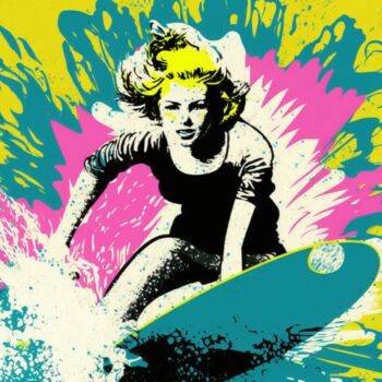 Painting titled "SURFING WOMAN 2" by Poptonicart, Original Artwork, Digital Painting