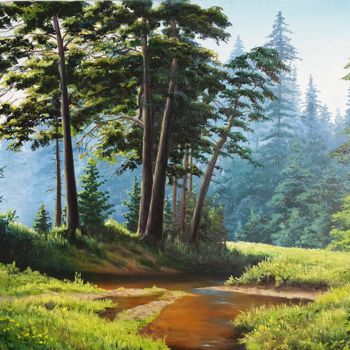 Painting titled "A stream in the for…" by Sergei Potapov, Original Artwork, Oil