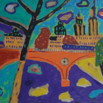 Peinture intitulée "Новый мост. Париж.…" par Vladimir Potemkin, Œuvre d'art originale, Tempera