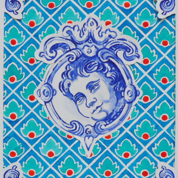 Painting titled "Ange Azulejos / pei…" by Poyenneart, Original Artwork, Ink Mounted on Cardboard