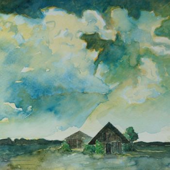 Pittura intitolato "House In The Fields" da Pracha Yindee, Opera d'arte originale, Acquarello