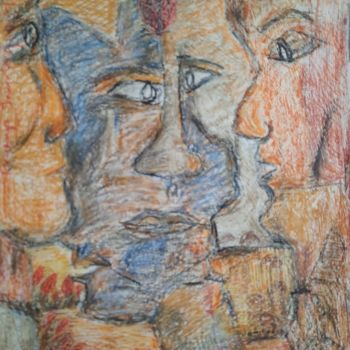 Painting titled "Sad men with the ki…" by Pradeep Jayatunga, Original Artwork, Pastel
