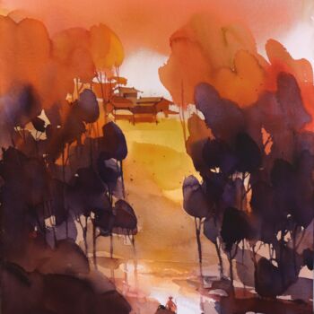 Peinture intitulée "Warm hues of quietu…" par Prashant Prabhu, Œuvre d'art originale, Aquarelle