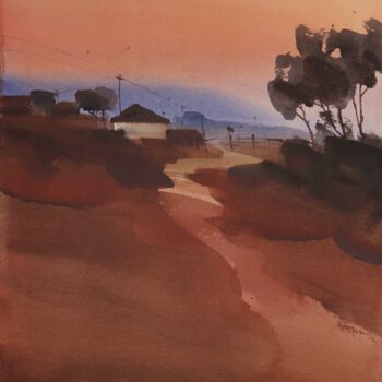 Painting titled "Earth red dawn 2" by Prashant Prabhu, Original Artwork, Watercolor