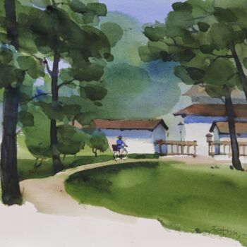 Painting titled "Cycling through Jap…" by Prashant Prabhu, Original Artwork, Watercolor