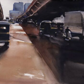 Pintura titulada "Mumbai traffic wint…" por Prashant Prabhu, Obra de arte original, Acuarela