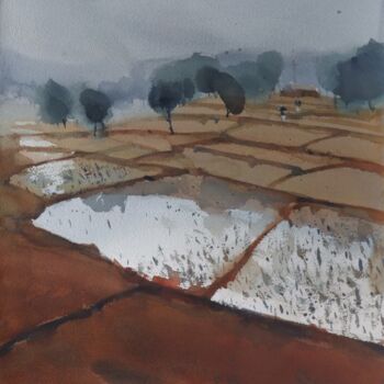 Painting titled "Reds around rice fi…" by Prashant Prabhu, Original Artwork, Watercolor