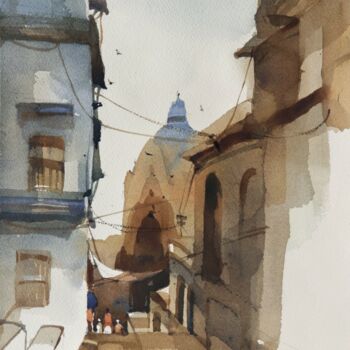 Painting titled "Lanes narrow, templ…" by Prashant Prabhu, Original Artwork, Watercolor