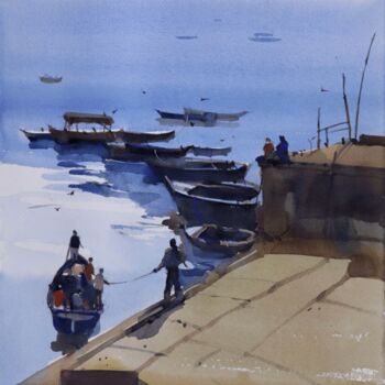 Painting titled "Boat by boat nearer…" by Prashant Prabhu, Original Artwork, Watercolor