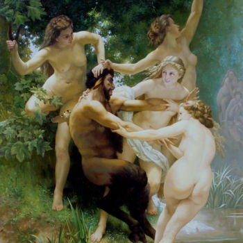 Pittura intitolato "Nymphs and Satyr" da Vadim Prikota, Opera d'arte originale, Olio
