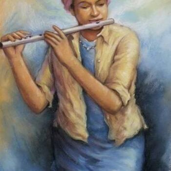 Peinture intitulée "Flutiste" par Prince Muana, Œuvre d'art originale, Pastel