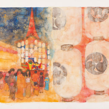 Ζωγραφική με τίτλο "Gion Matsuri" από Priscilla Moore, Αυθεντικά έργα τέχνης, Χρωστικές ουσίες Τοποθετήθηκε στο Ξύλινο πάνελ