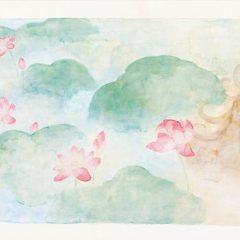 Peinture intitulée "Kinkakuji et le phé…" par Priscilla Moore, Œuvre d'art originale, Pigments Monté sur Panneau de bois