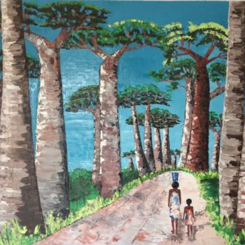 Painting titled "l-allee-des-baobabs…" by Priscille Amatulli, Original Artwork, Oil
