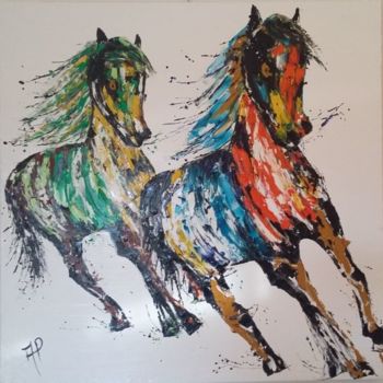 Schilderij getiteld "chevaux-plateau-du-…" door Priscille Amatulli, Origineel Kunstwerk, Olie