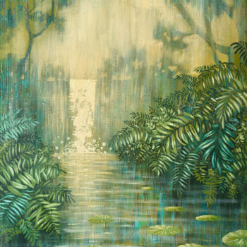 Painting titled "WATERFALL AMONG GRE…" by Ekaterina Prisich, Original Artwork, Acrylic