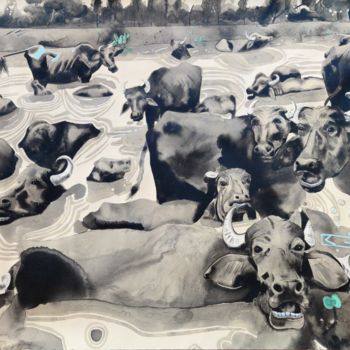 Painting titled "Buffaloes Showering" by Pritam Priyalochan, Original Artwork, Acrylic
