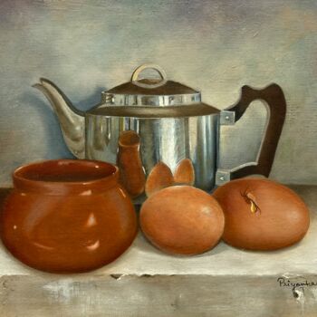 Painting titled "Teapot & Eggs" by Priyanka Singh, Original Artwork, Oil