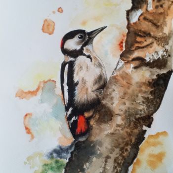 Картина под названием "woodpecker" - Valentina Procenko, Подлинное произведение искусства, Акварель