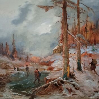 Schilderij getiteld "Evening winter view…" door Prokaj Dávid, Origineel Kunstwerk, Olie