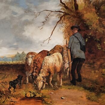 Pittura intitolato "Guarding sheep" da Prokaj Dávid, Opera d'arte originale, Olio