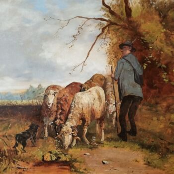 Malarstwo zatytułowany „Guarding sheep” autorstwa Prokaj Dávid, Oryginalna praca, Olej