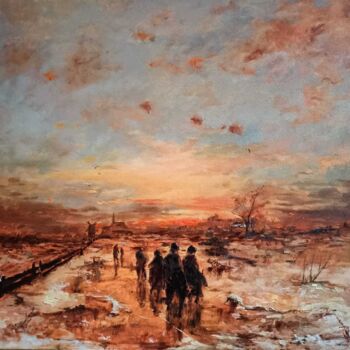 Painting titled "Going to work" by Prokaj Dávid, Original Artwork, Oil Mounted on Wood Stretcher frame
