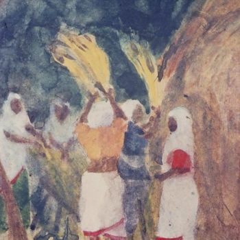 Malarstwo zatytułowany „Paddy Threshing” autorstwa Prodip Kumar Sengupta, Oryginalna praca, Akwarela